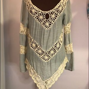Gee Gee L Blue & Cream Croquet Boho Poncho Top